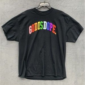 God is Dope Graphic T-Shirt Men's Size 2XL Black Rainbow Spell Out Short Sleeve